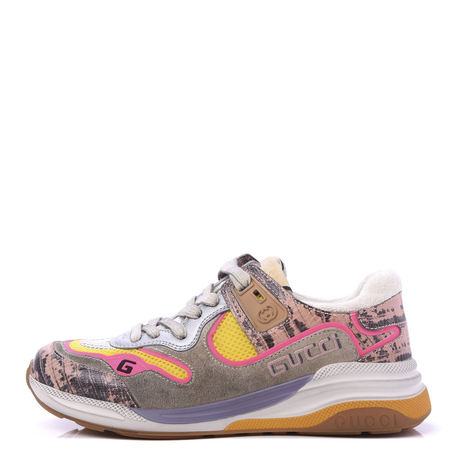 Gucci Suede Calfskin Tejus Printed Womens Ultrapace Sneakers 37.5 Pink Silver Oatmeal Yolk 1 of 8