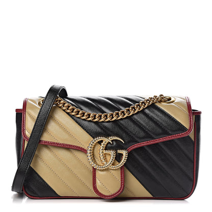 Gucci Vintage Effect Calfskin Matelasse Diagonal Striped Small Torchon GG Marmont Shoulder Bag Black Beige 1 of 10
