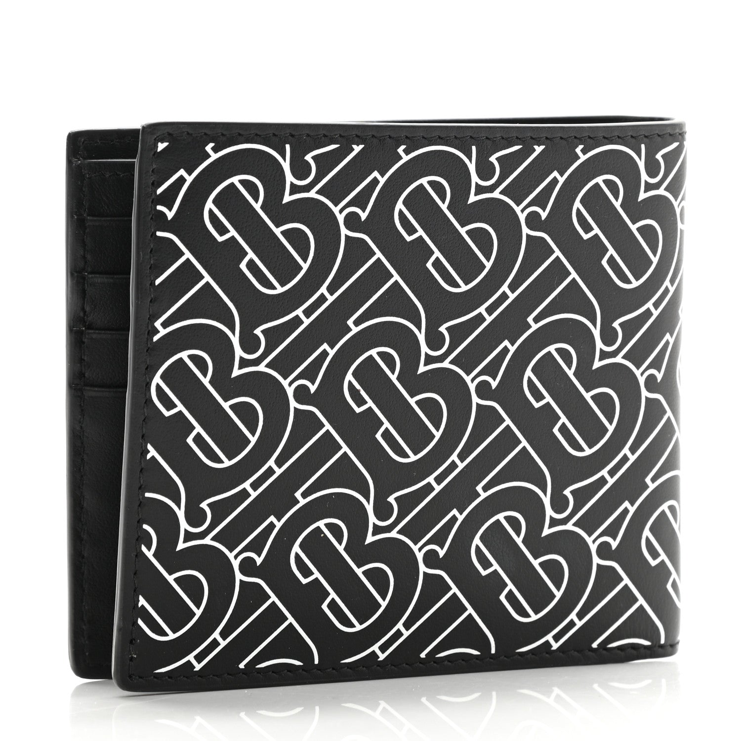 Burberry Calfskin Embossed TB Print Bi-Fold Wallet Black White 3 of 8