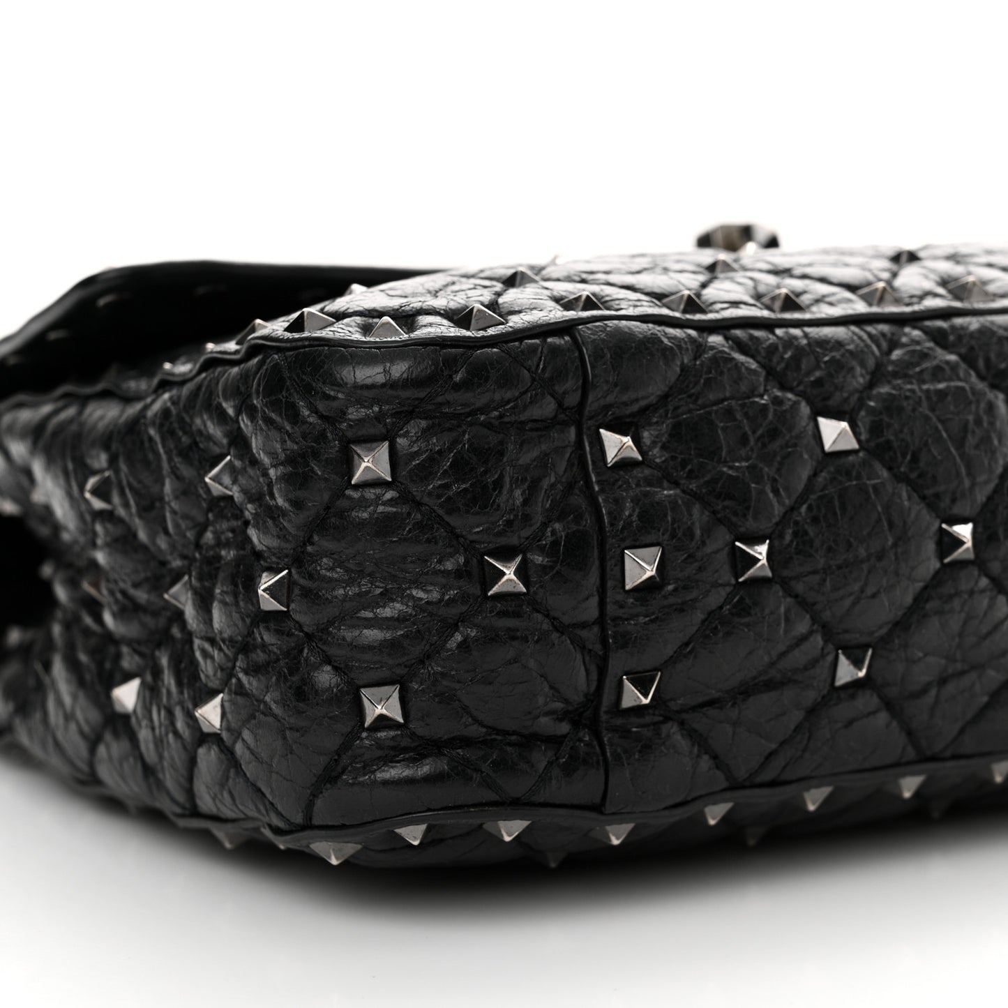 Craquele Nappa Medium Rockstud Spike Shoulder Bag Black