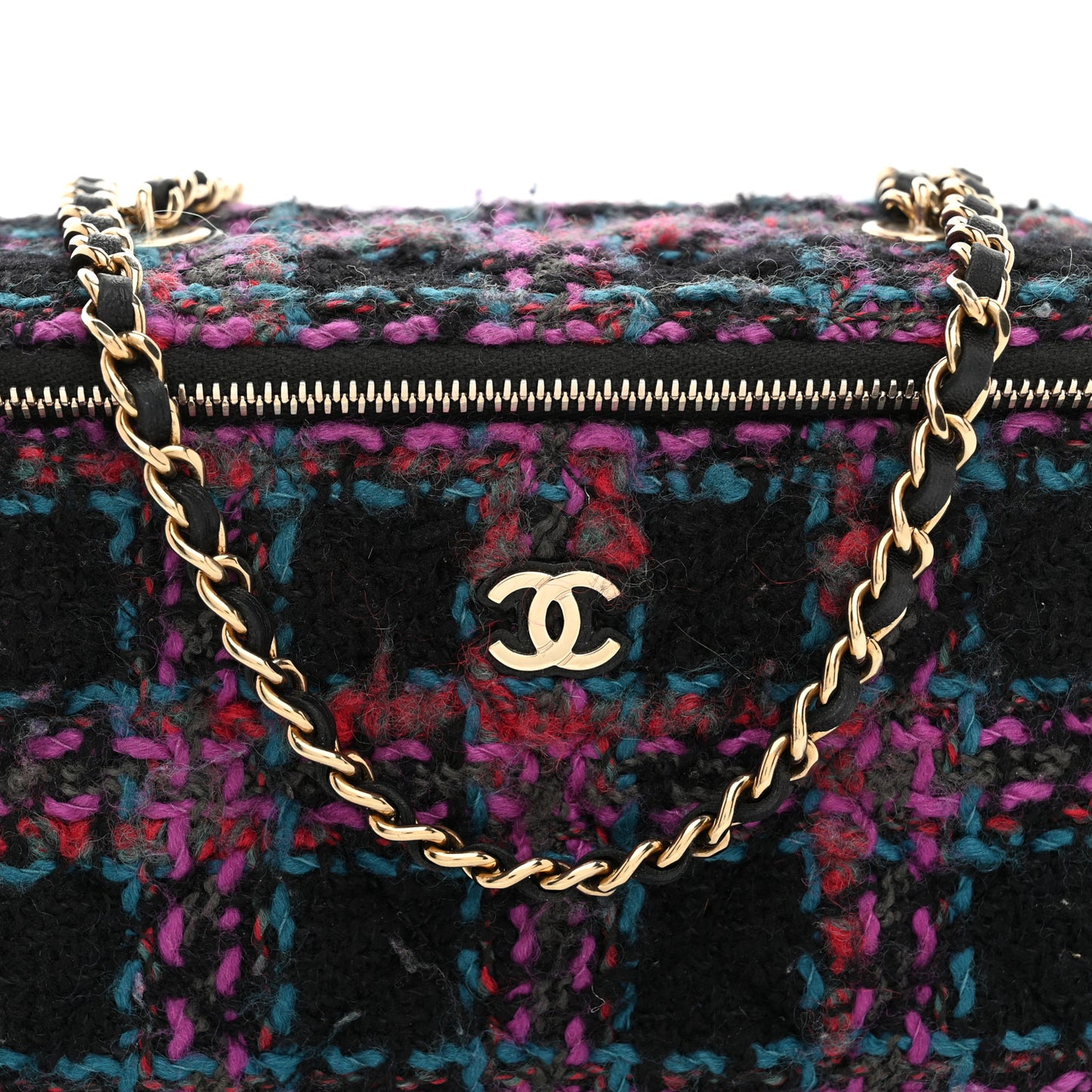 Tweed Quilted Small Vanity Case With Chain Black Purple Green Red