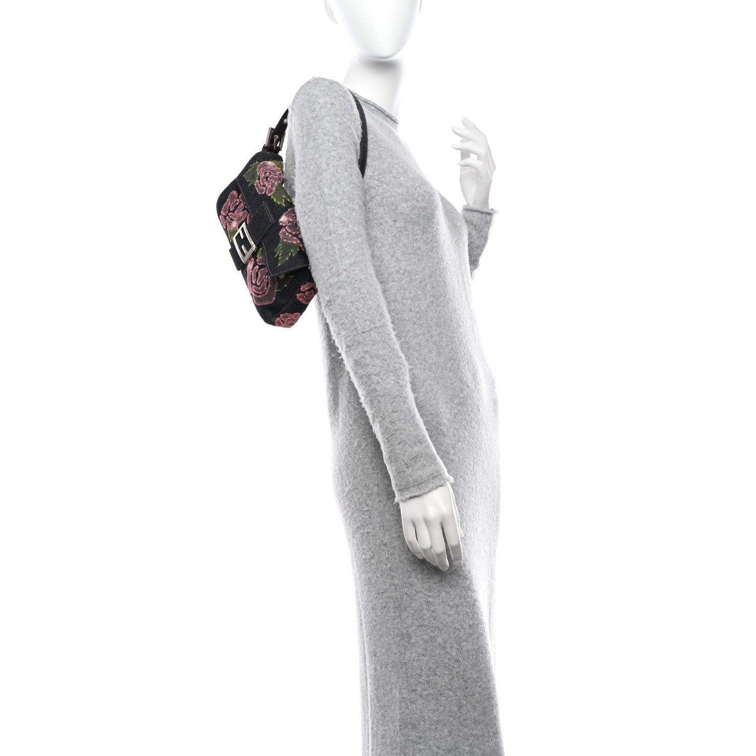 Fendi Denim Lace Embroidered Floral Baguette Blue Multicolor 2 of 9
