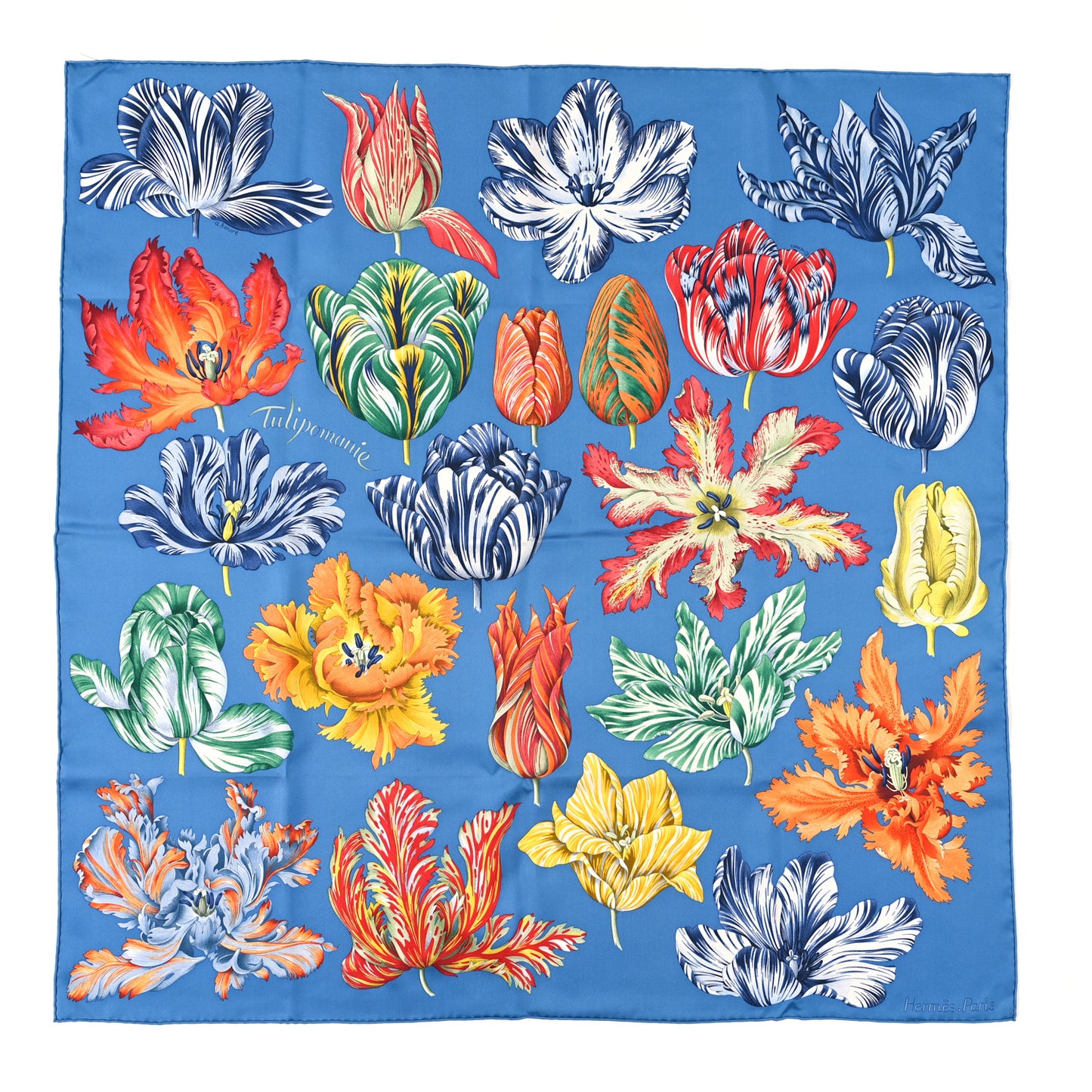 Silk Tulipomanie Scarf 90 Bleu Cobalt Orange