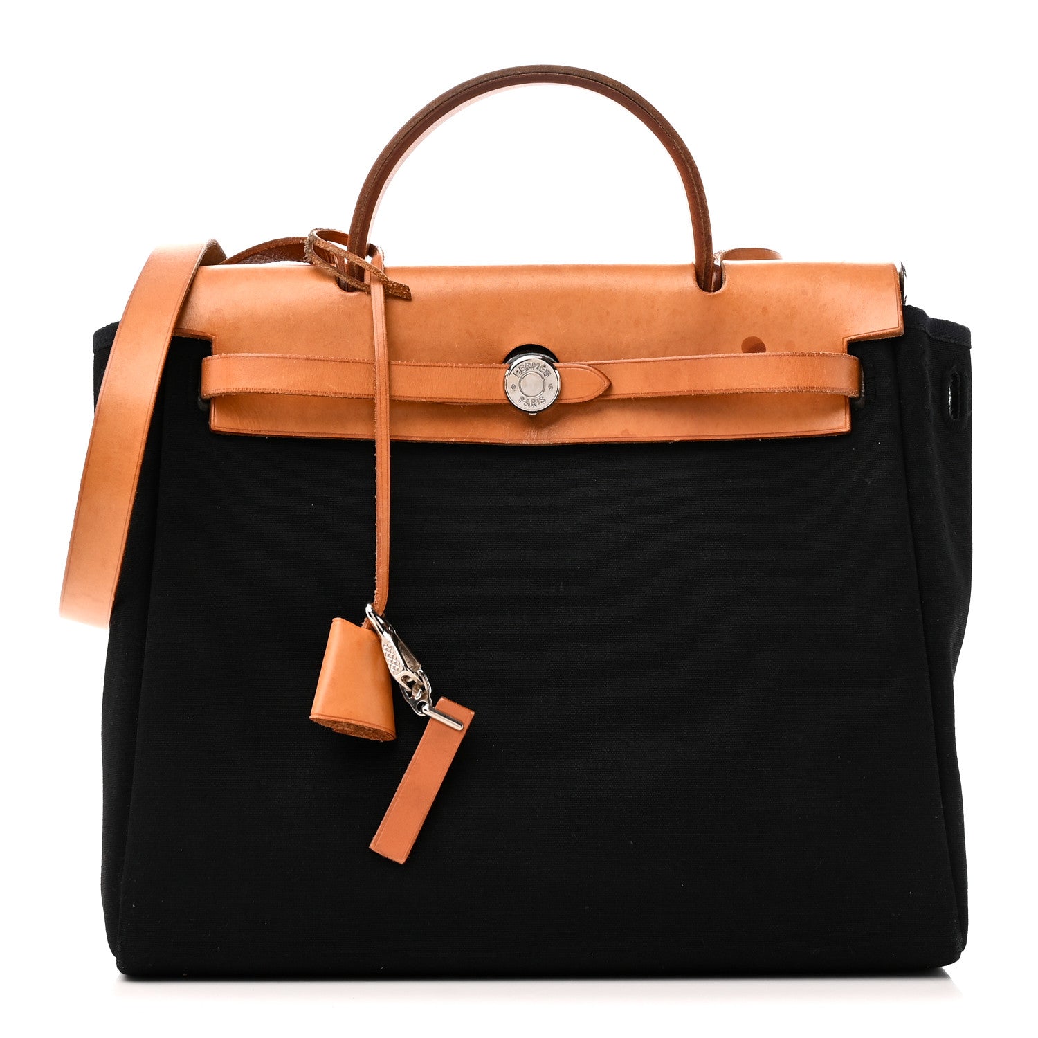 Hermes Toile Vache Calfskin Herbag 30 PM Black Natural 1 of 10