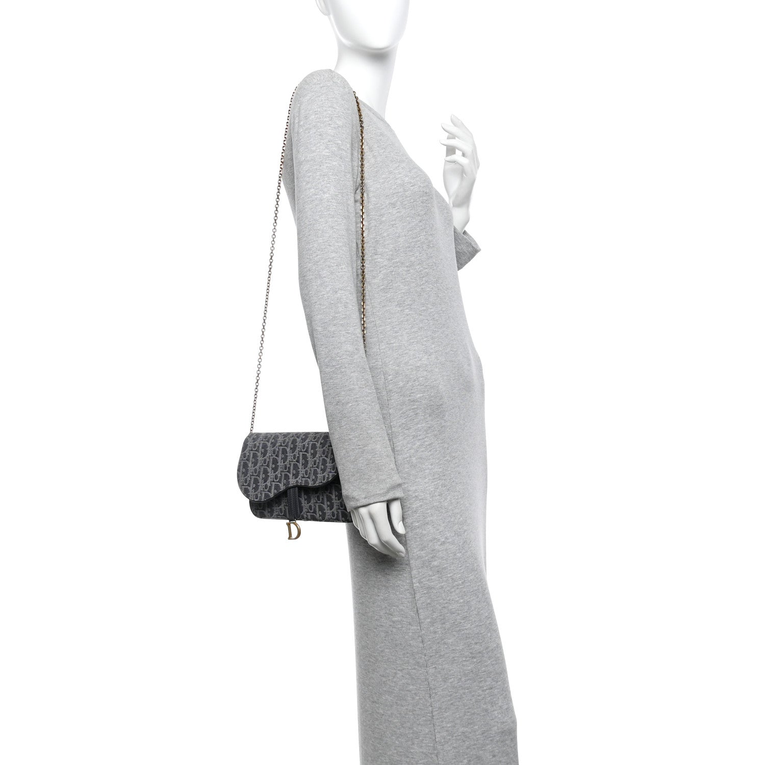 Christian Dior Oblique Denim Small Saddle Pouch with Chain Grey 2 of 10