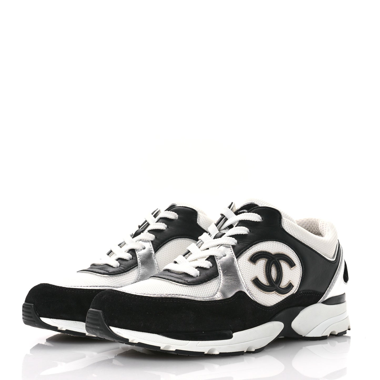 Mesh Suede Calfskin Grained Calfskin Womens CC Sneakers 39.5 Black White Silver