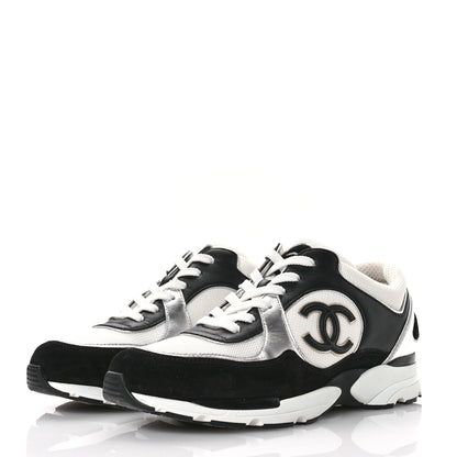Chanel Mesh Suede Calfskin Grained Calfskin Womens CC Sneakers 39.5 Black White Silver 4 of 9