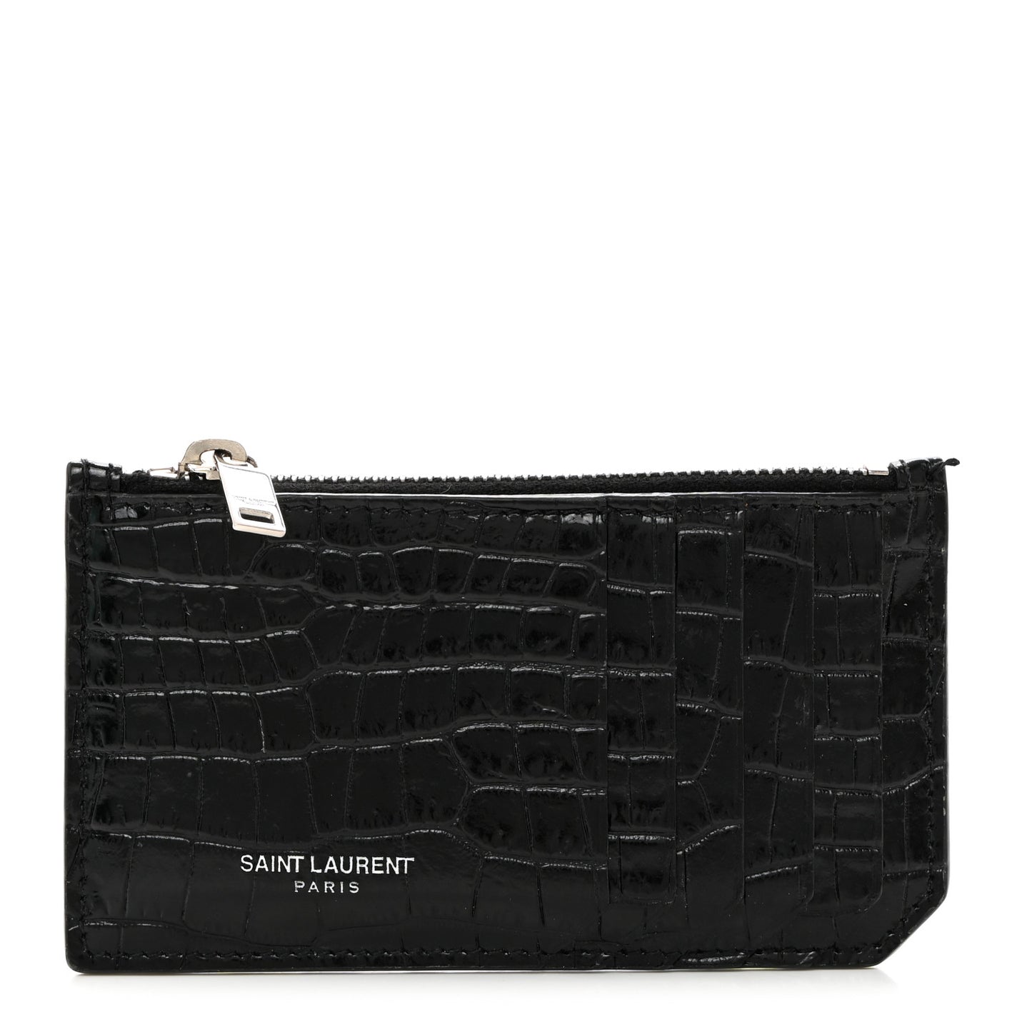 Calfskin Crocodile Embossed 5 Fragments Zip Pouch Card Holder Black