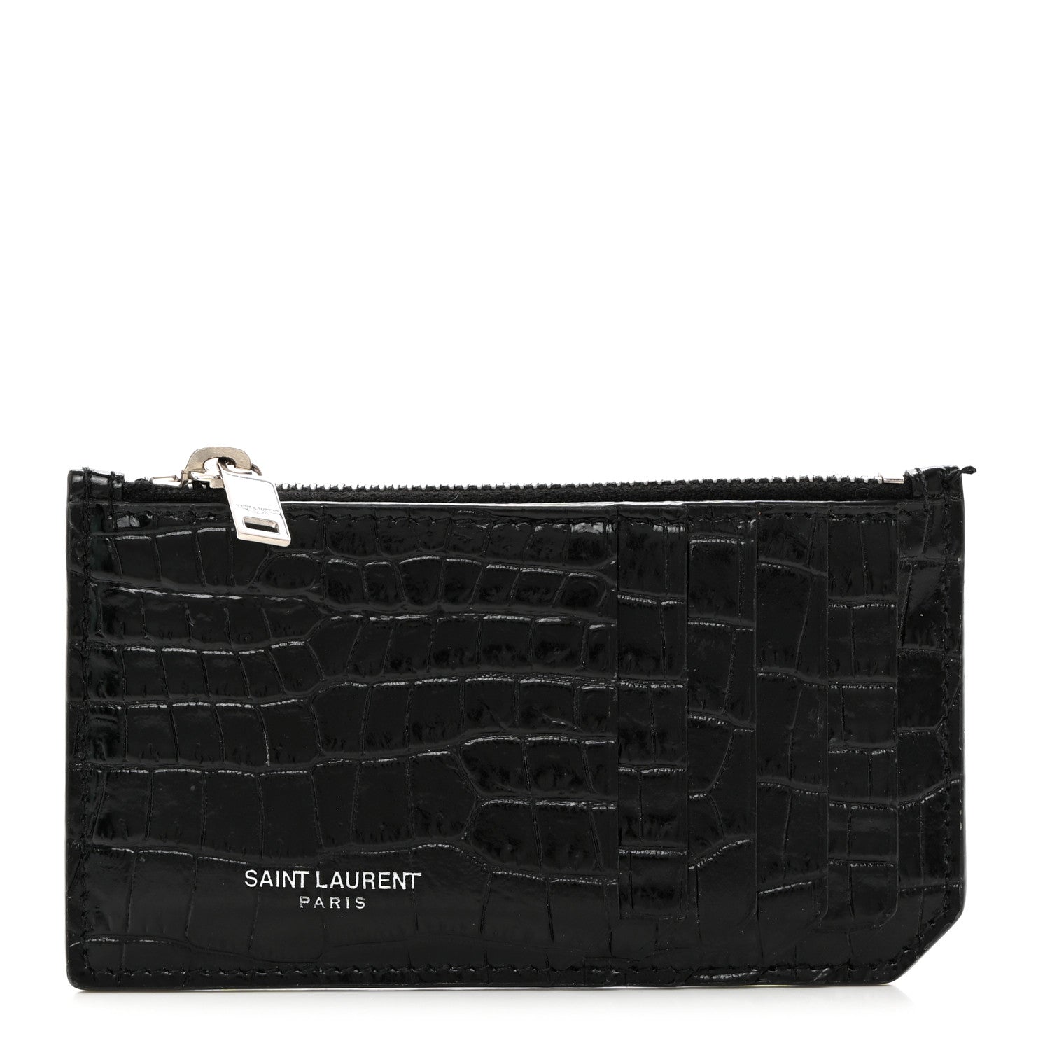 Saint Laurent Calfskin Crocodile Embossed 5 Fragments Zip Pouch Card Holder Black 1 of 8