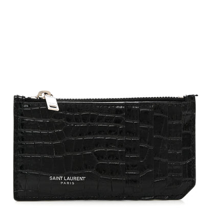 Saint Laurent Calfskin Crocodile Embossed 5 Fragments Zip Pouch Card Holder Black 1 of 8