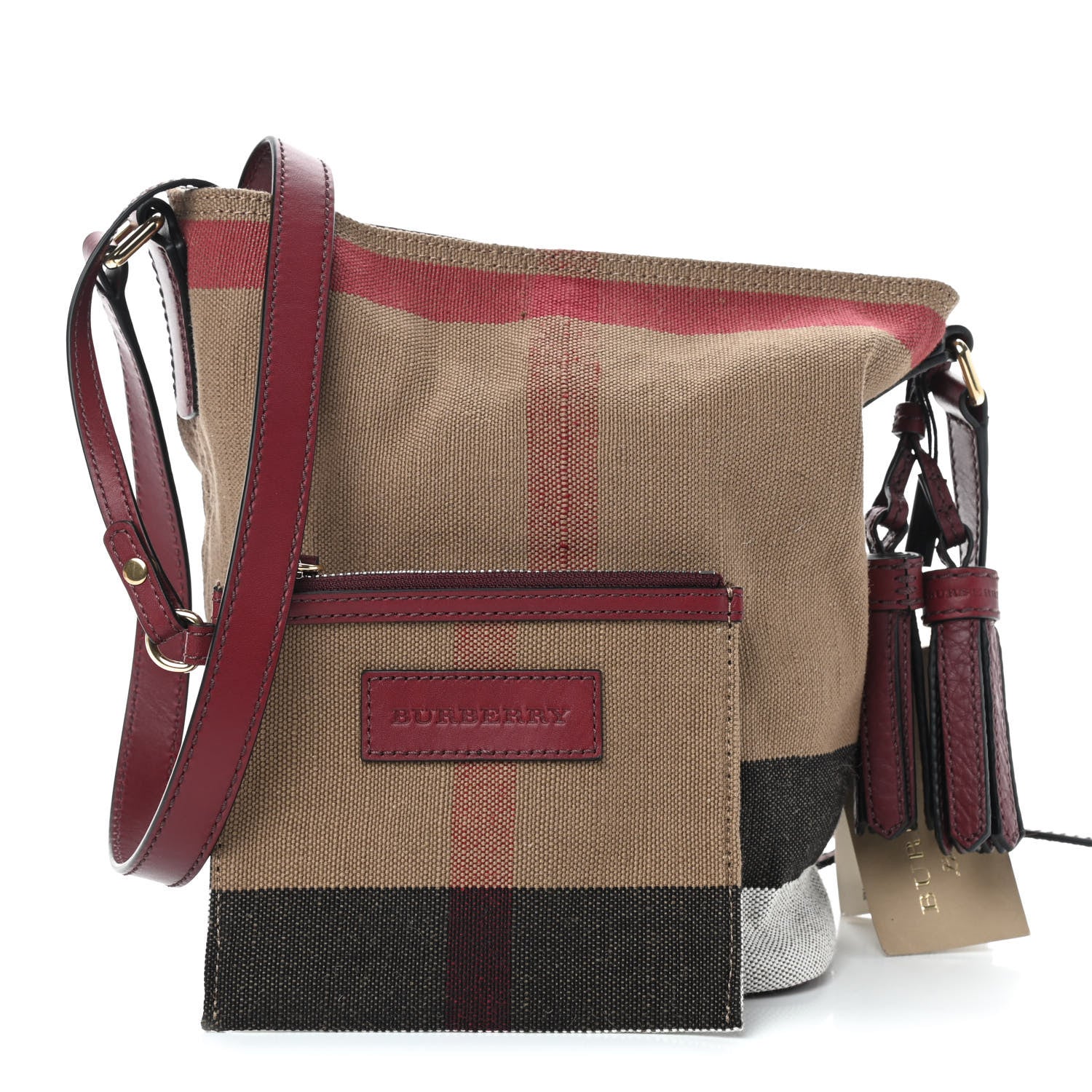 Burberry Canvas Mega Check Mini Ashby Tassel Crossbody Burgundy Red 1 of 10