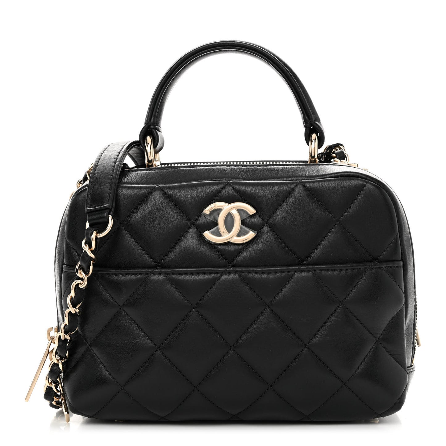 Lambskin Quilted Small Trendy CC Bowling Bag Black