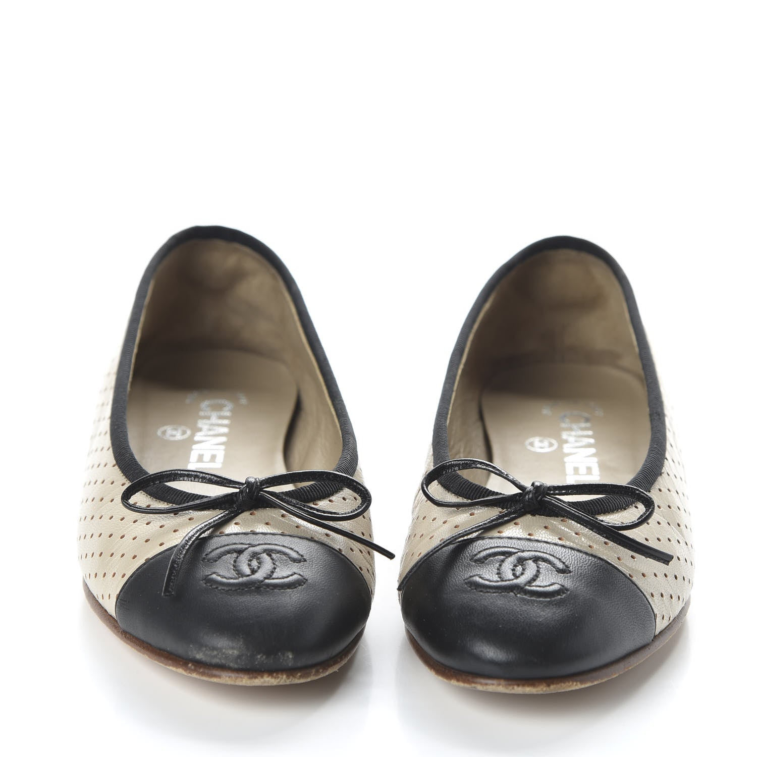 Chanel Lambskin Perforated Cap Toe Ballerina Flats 36 Beige Black 2 of 9