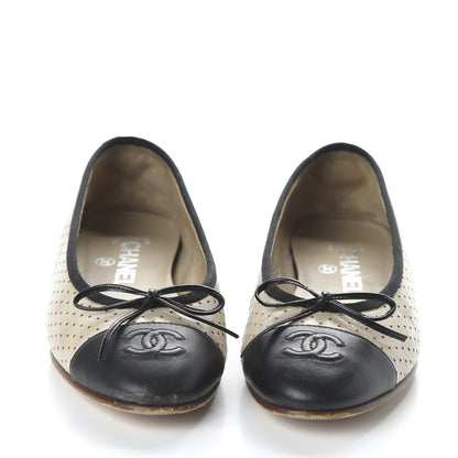 Chanel Lambskin Perforated Cap Toe Ballerina Flats 36 Beige Black 2 of 9
