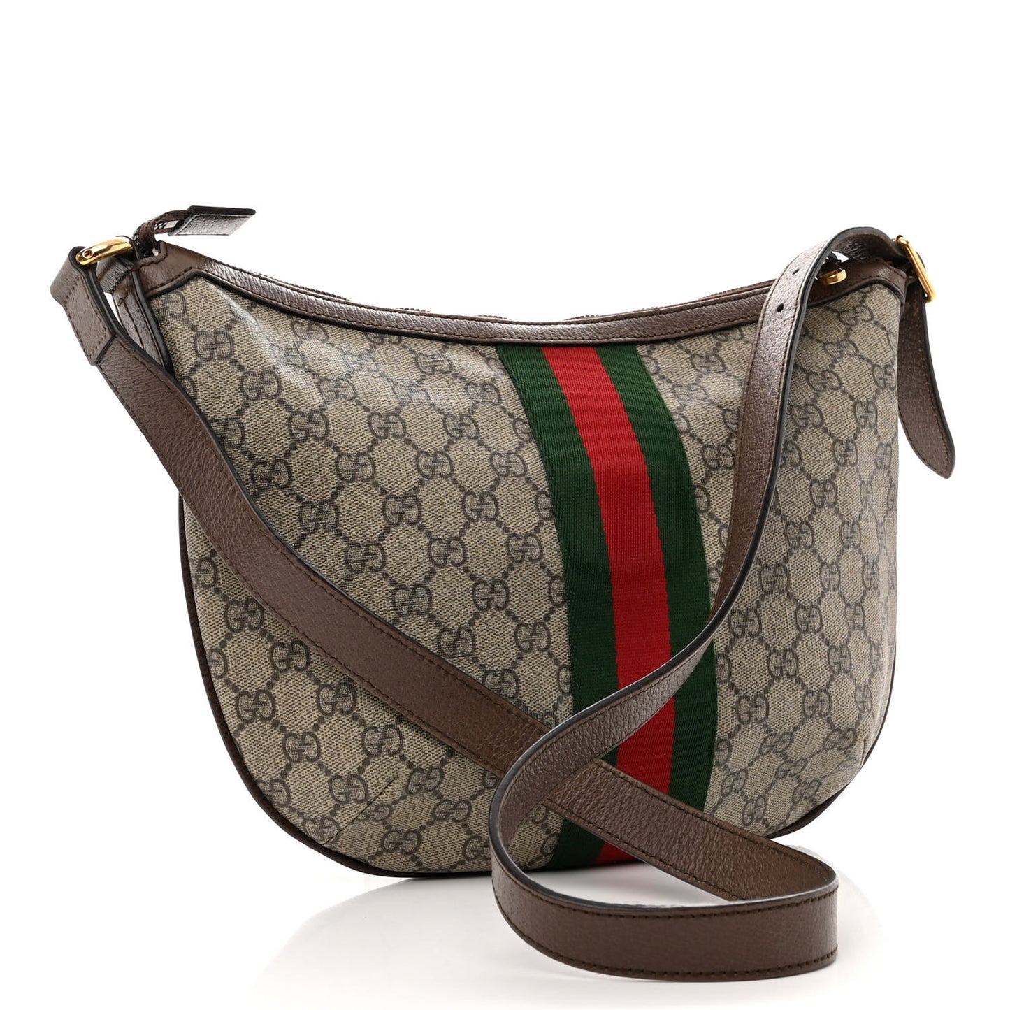 GG Supreme Monogram Textured Dollar Calfskin Web Small Ophidia Half Moon Hobo Beige Ebony New Acero
