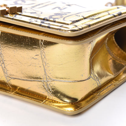 Chanel Metallic Calfskin Crocodile Embossed Graffiti Medium Cocodile Boy Flap Gold 12 of 13