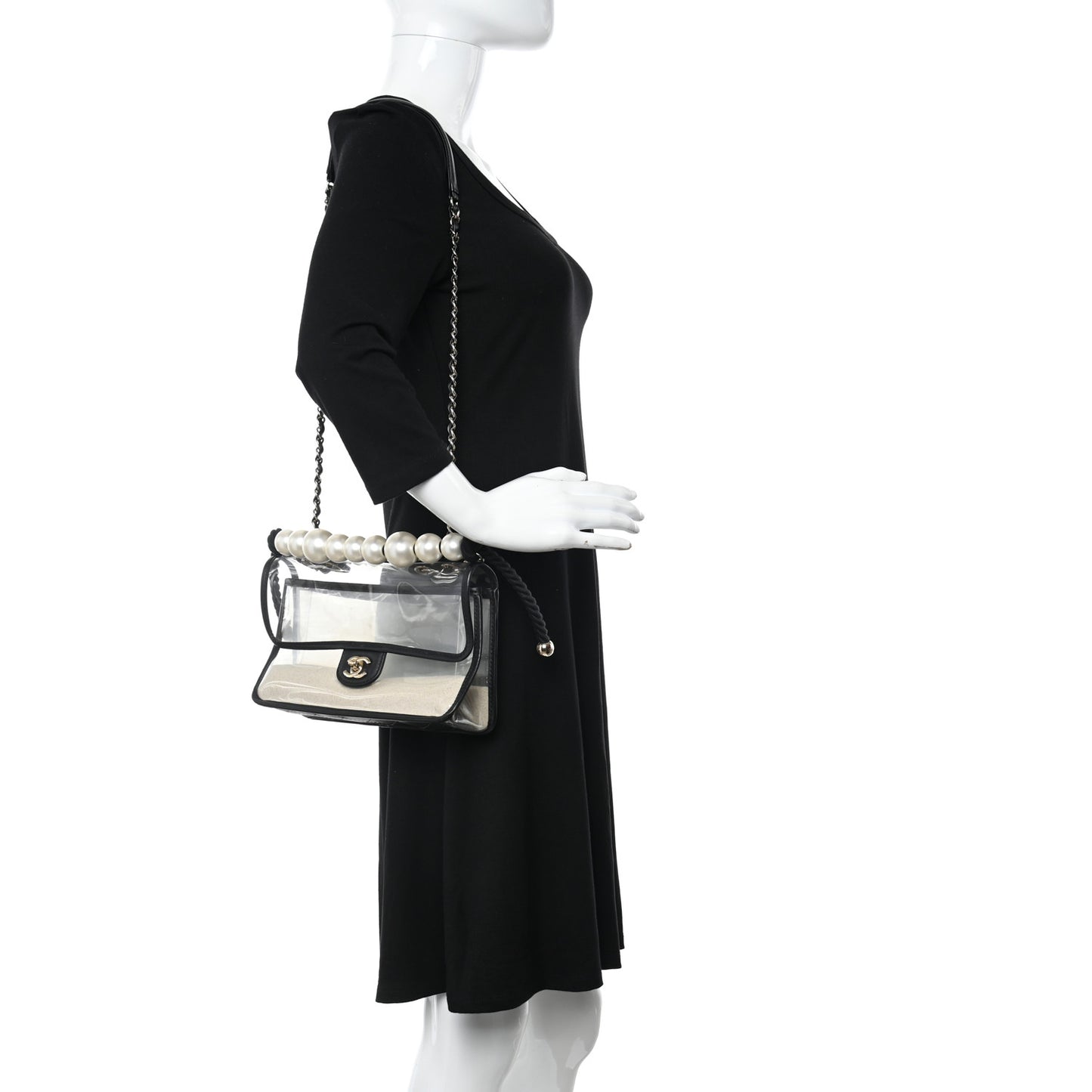 Lambskin PVC Sand By The Sea Flap With Pearl Strap Black