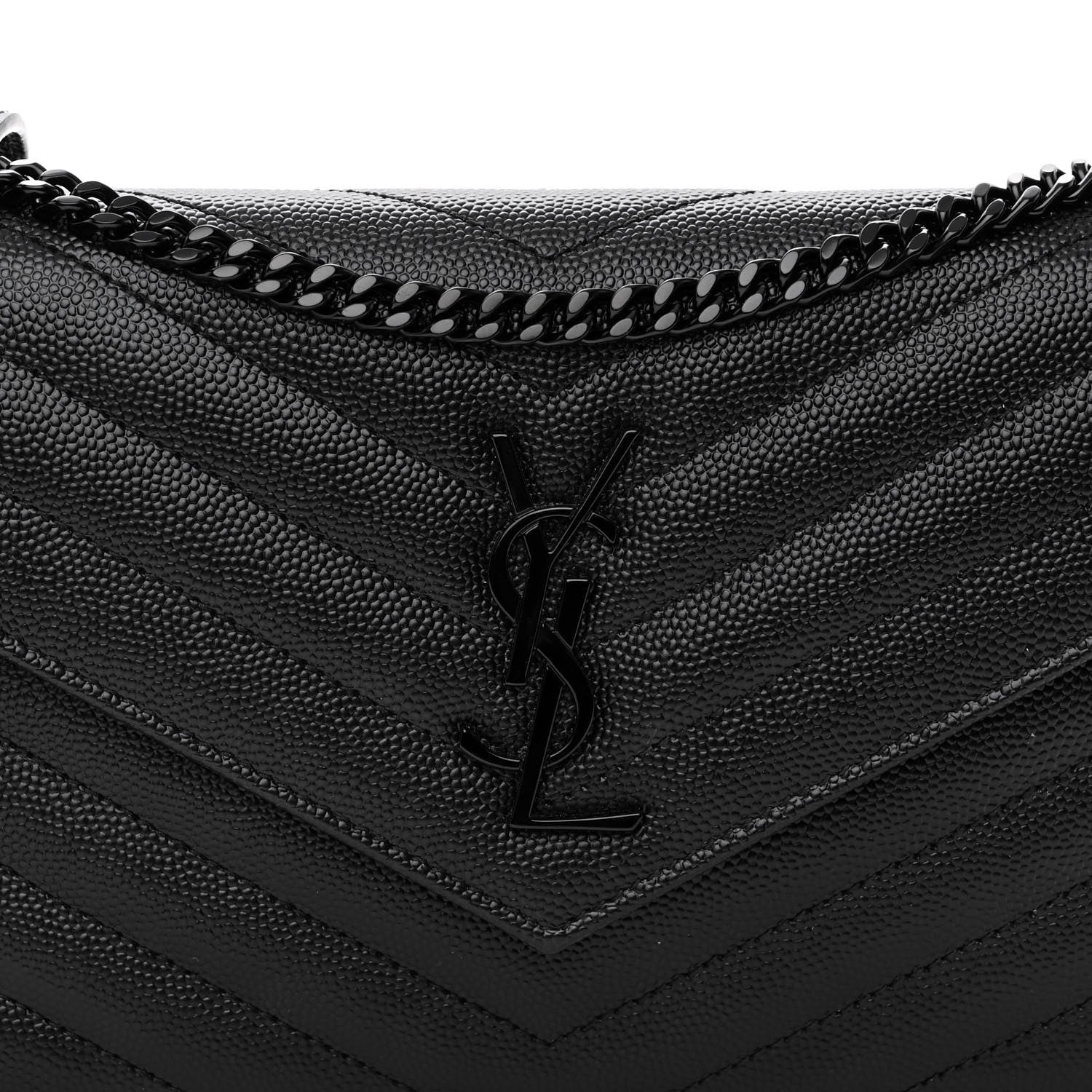 Saint Laurent Grain De Poudre Matelasse Chevron Monogram Monochrome Envelope Chain Wallet Black 7 of 9