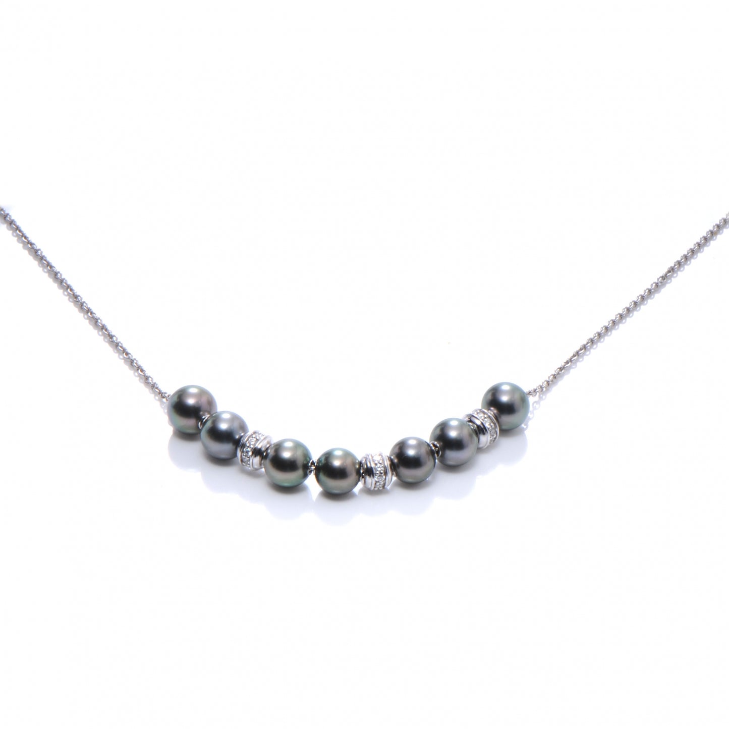 18k White Gold Diamond 7mm Black South Sea Pearls in Motion Necklace