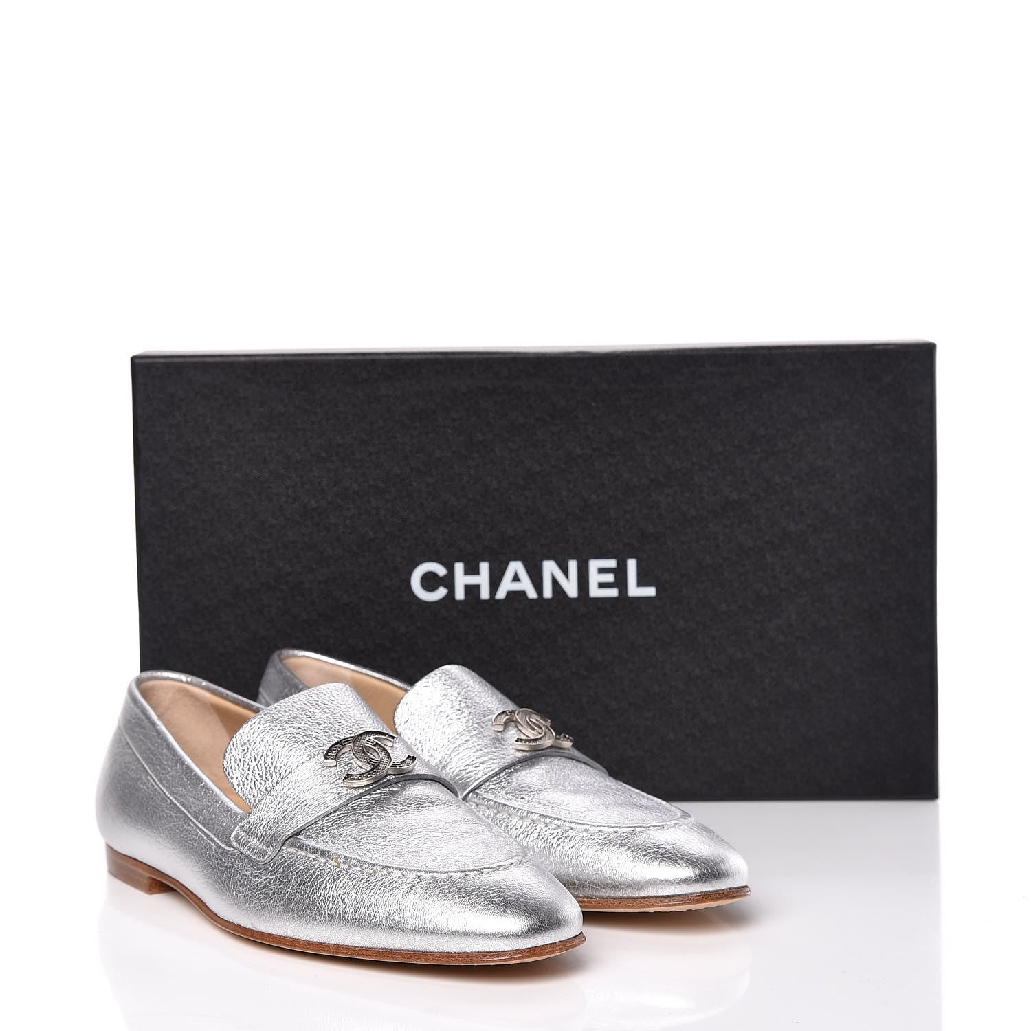 Chanel Crackled Goatskin Laminated CC Loafers 36.5 Silver 10 of 10