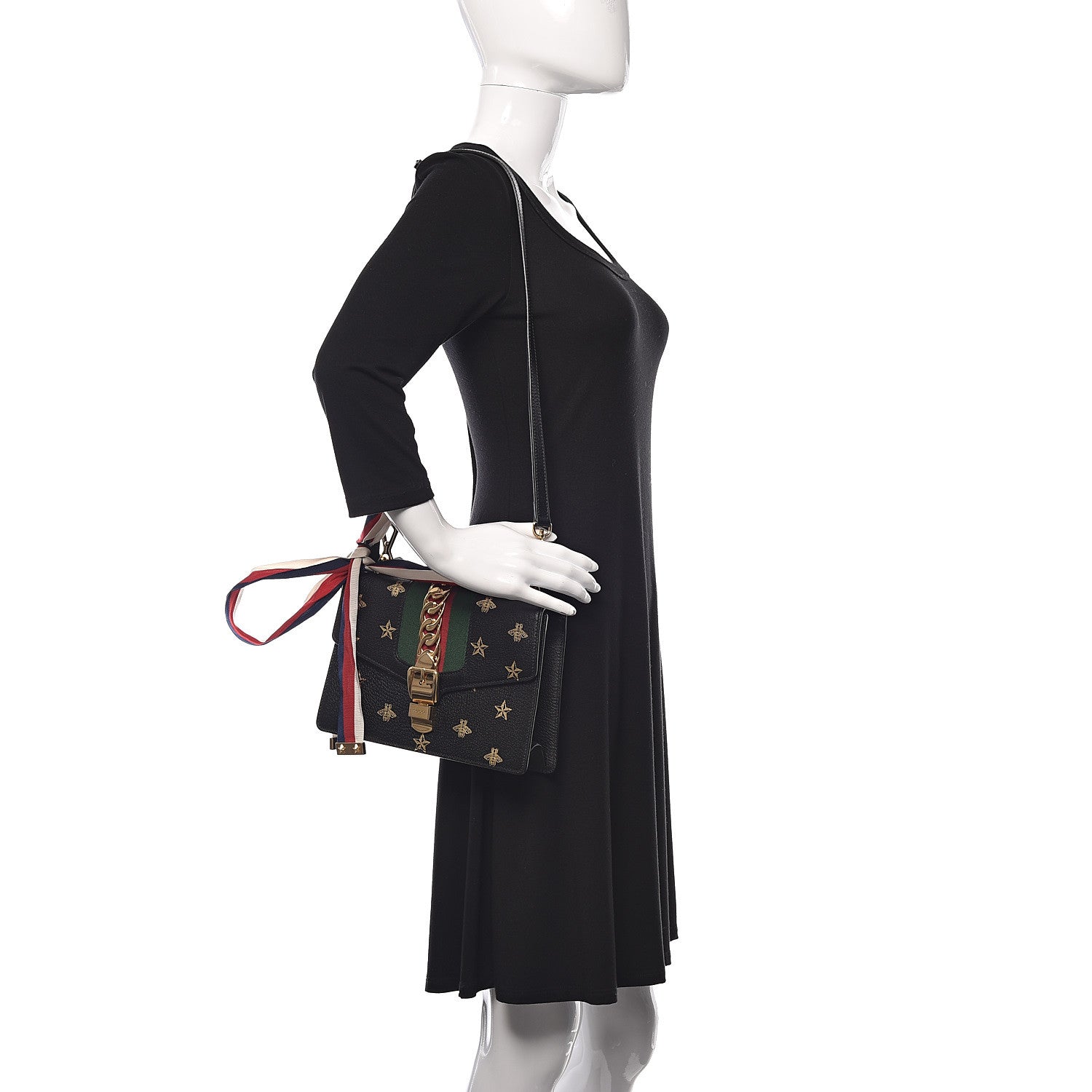 Gucci Textured Calfskin Bee Star Print Small Sylvie Shoulder Bag Black 2 of 10