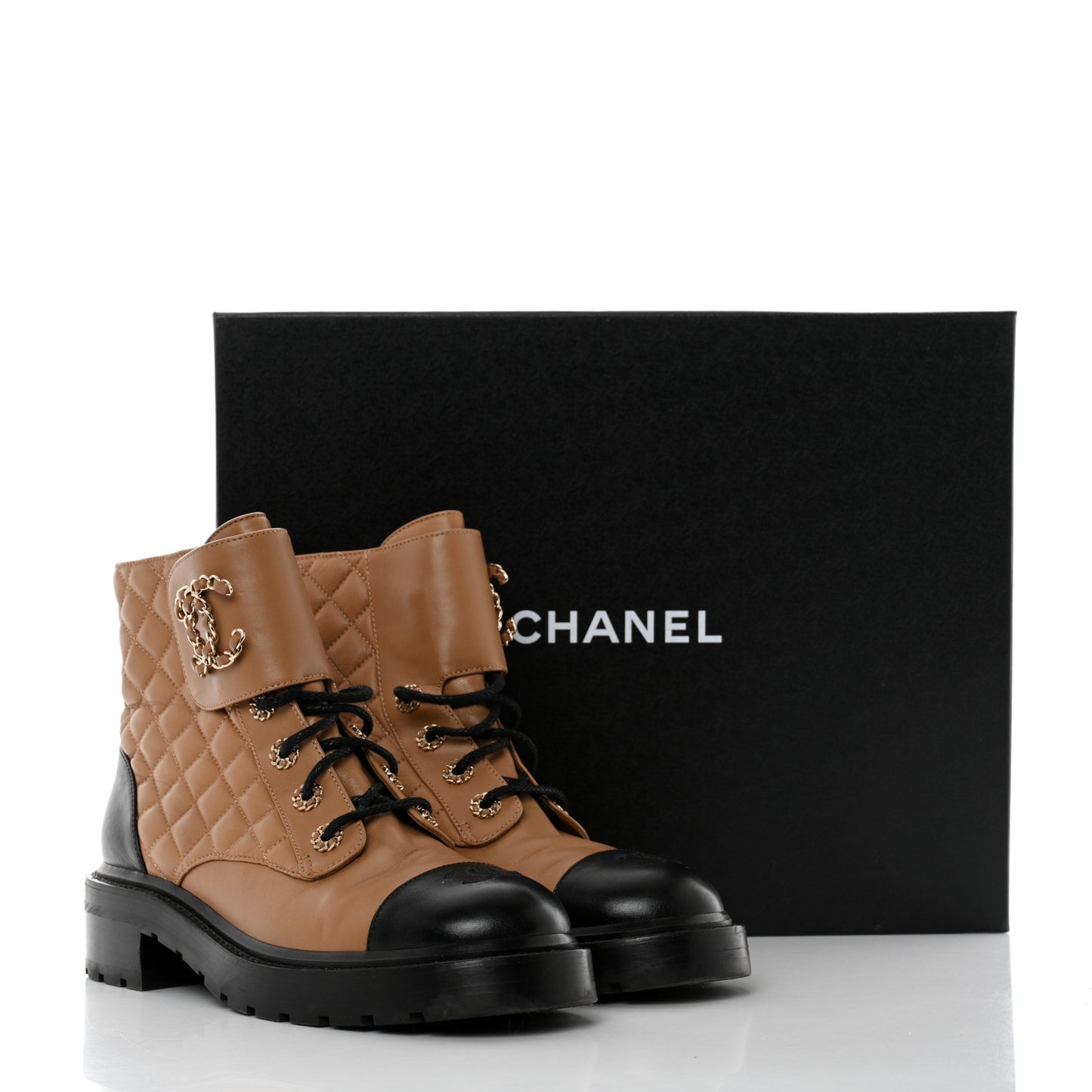 Lambskin Calfskin Quilted Lace Up Combat Boots 39.5 Light Brown Black