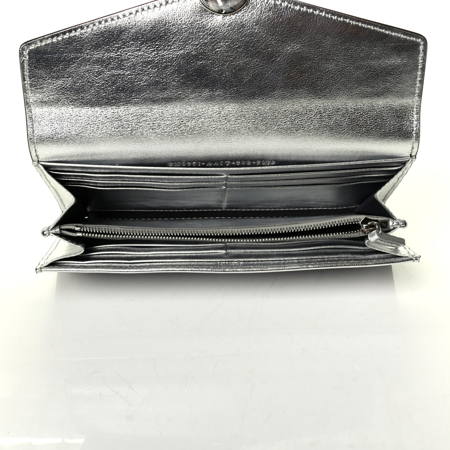 Vitello Soft Catalan Mirror F is Fendi Bi-Color FF 1974 Embossed Continental Envelope Wallet Maya Black Argento