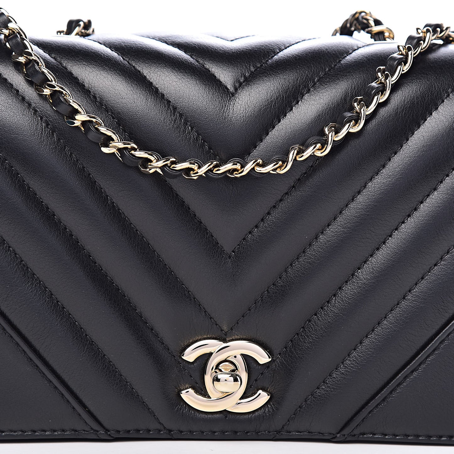 Calfskin Chevron Quilted Small Statement Flap Black
