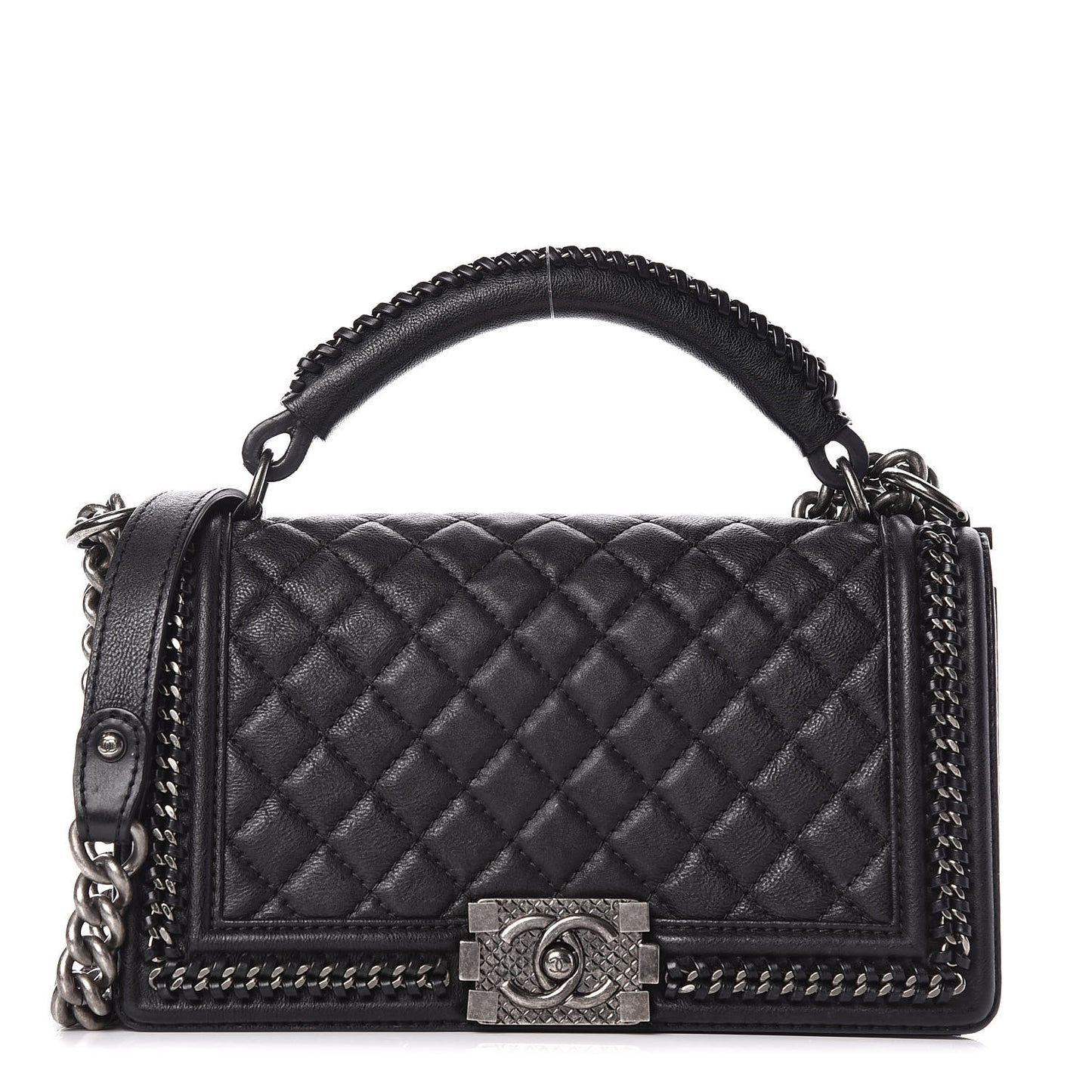 Calfskin Quilted Medium Boy Top Handle Flap Black