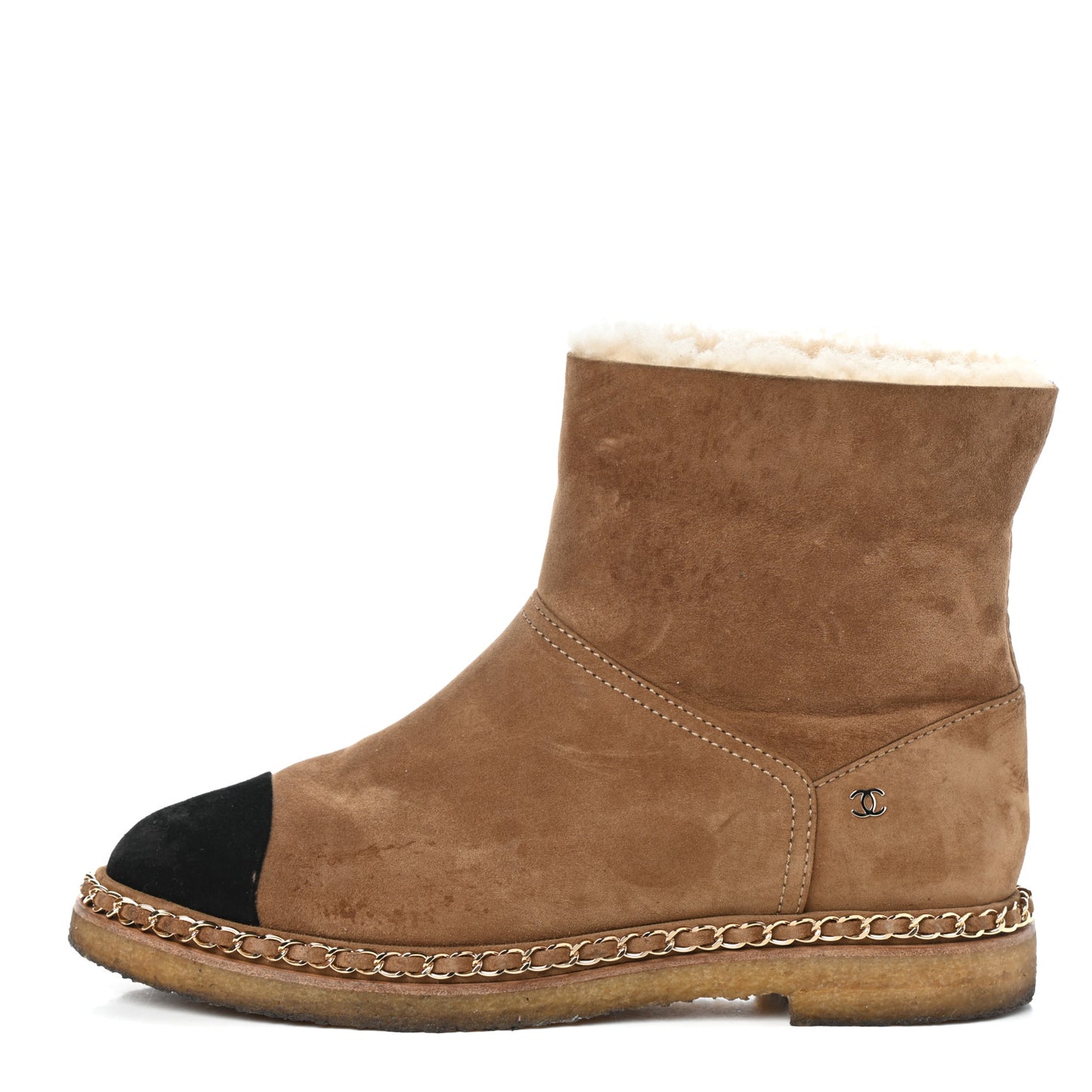 Kid Suede Shearling Womens Cap Toe Chain Short Boots 39.5 Light Brown Black