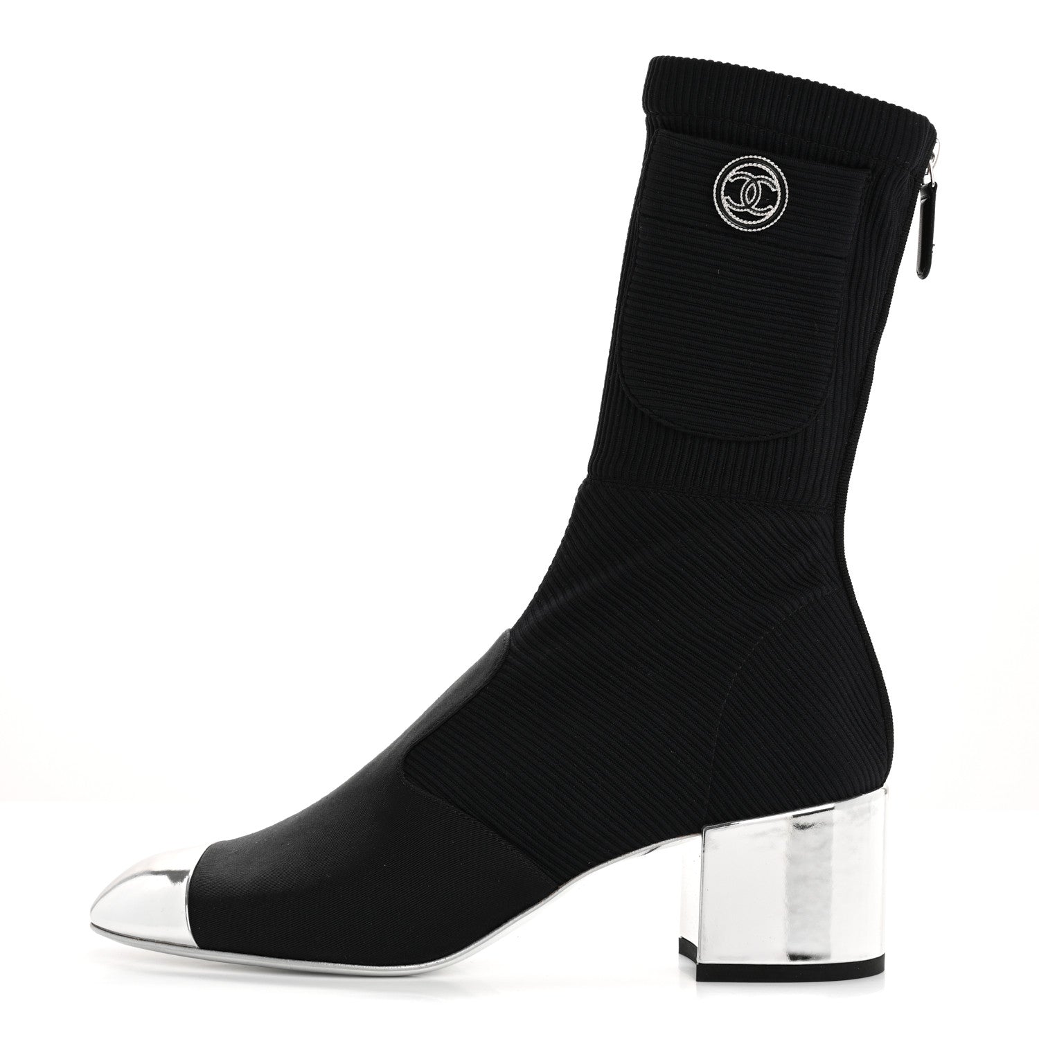 Chanel Grosgrain Knit Cap Toe CC Sock Boots 39 Black Silver 1 of 10
