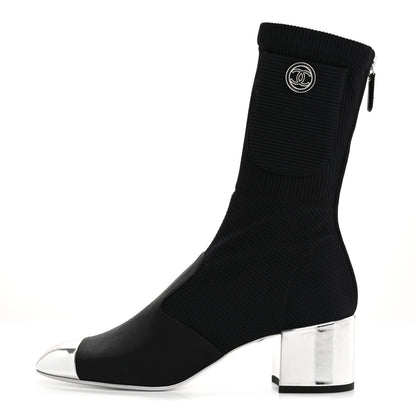Chanel Grosgrain Knit Cap Toe CC Sock Boots 39 Black Silver 1 of 10