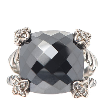 David Yurman Sterling Silver Diamond Hematite 15mm Cushion On Point Ring 54 7 1 of 5