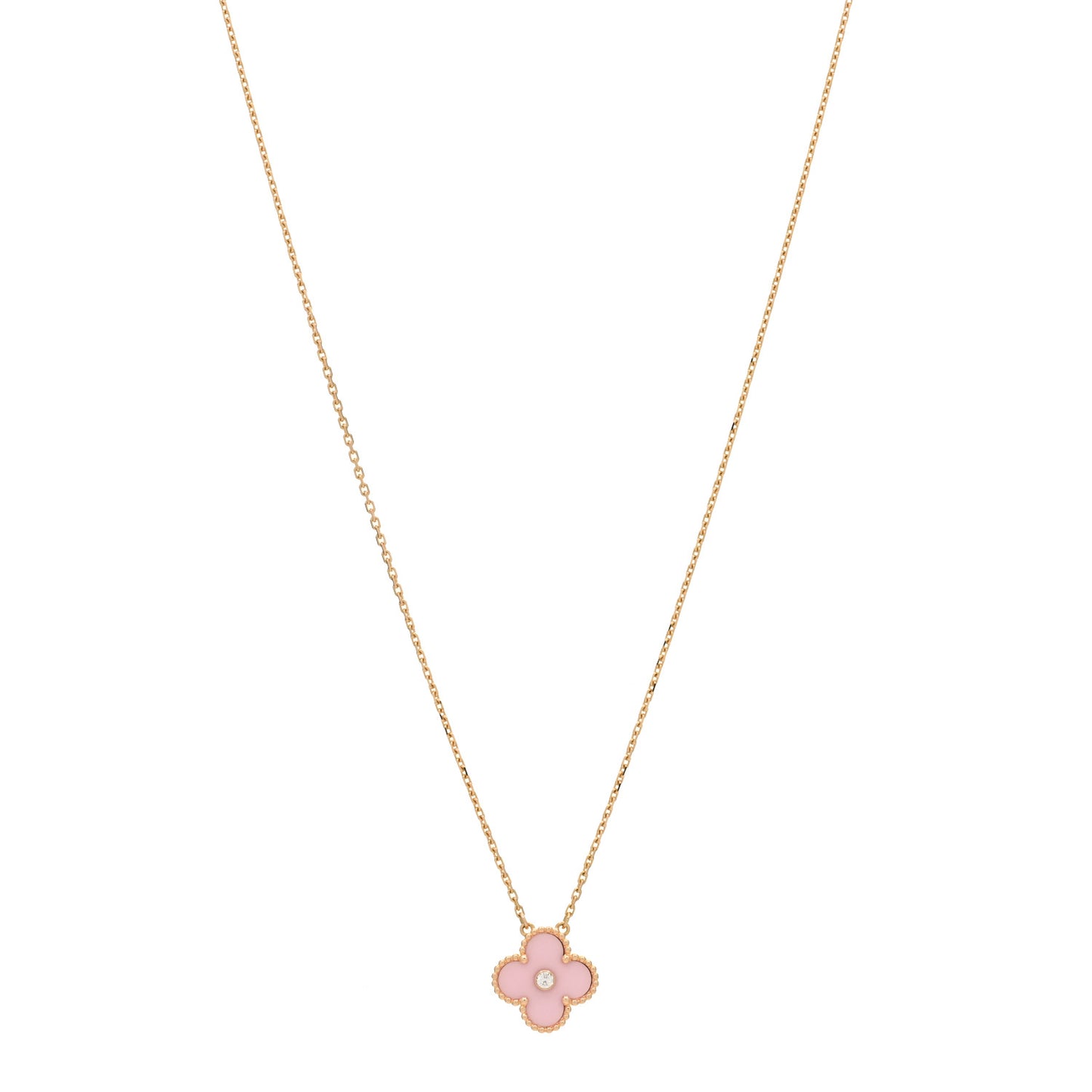 18K Rose Gold Diamond Pink Porcelain Vintage Alhambra Pendant Necklace