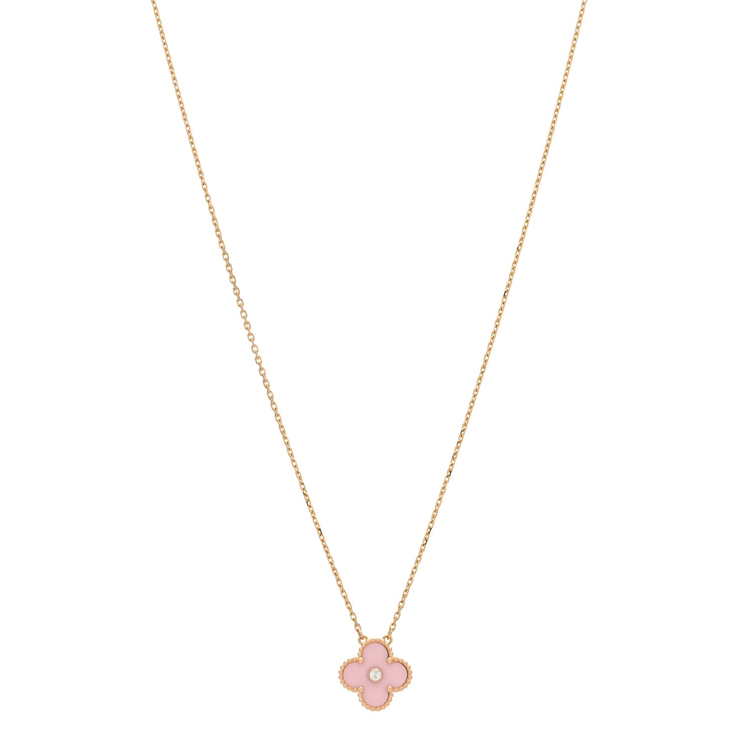 Van Cleef & Arpels 18K Rose Gold Diamond Pink Porcelain Vintage Alhambra Pendant Necklace 1 of 3
