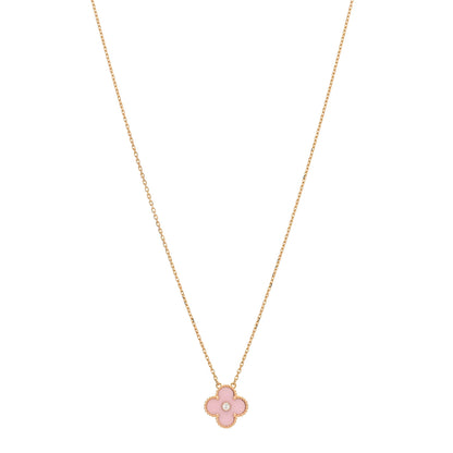 Van Cleef & Arpels 18K Rose Gold Diamond Pink Porcelain Vintage Alhambra Pendant Necklace 1 of 3