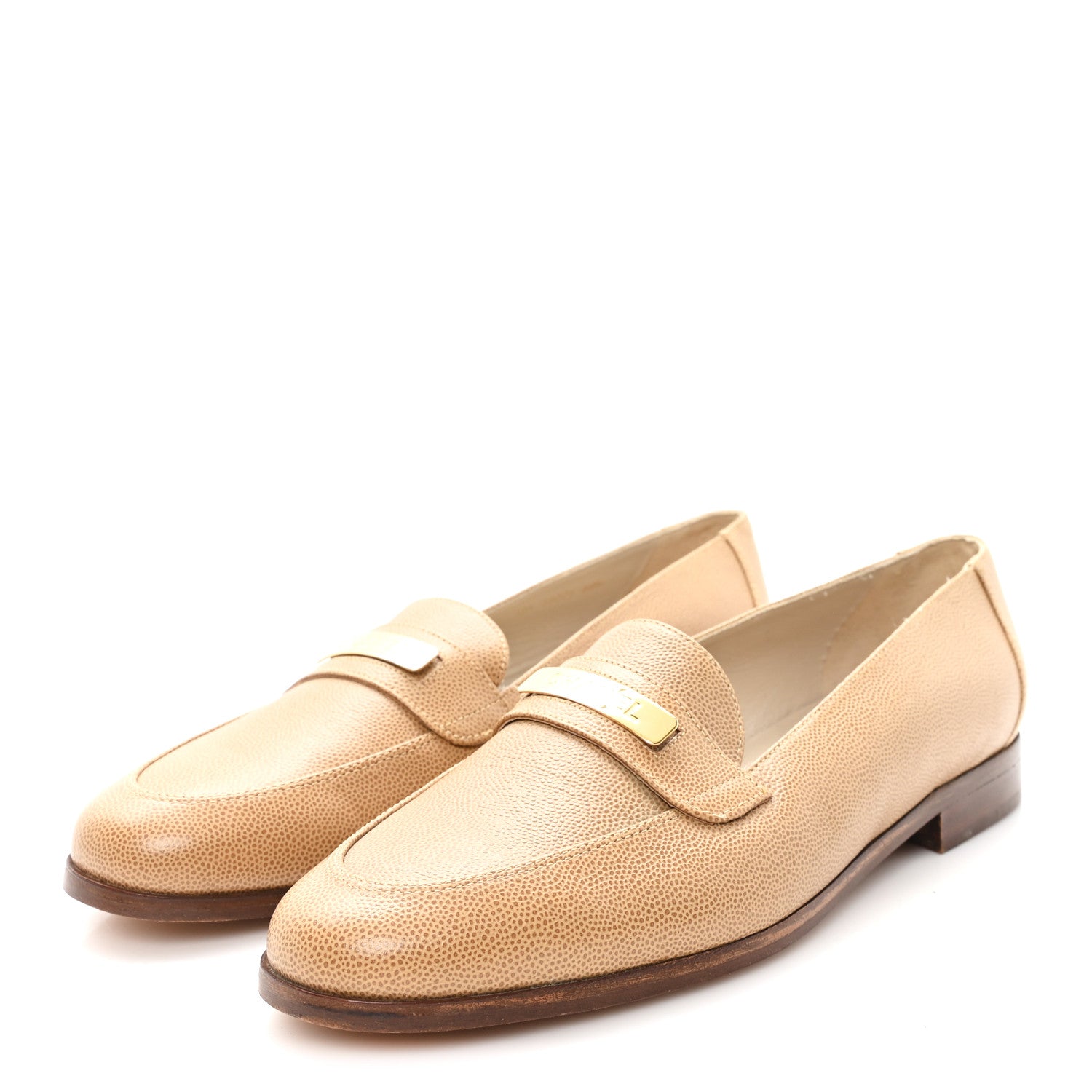 Chanel Caviar Logo Plate Moccasin Loafers 38.5 Beige 4 of 9