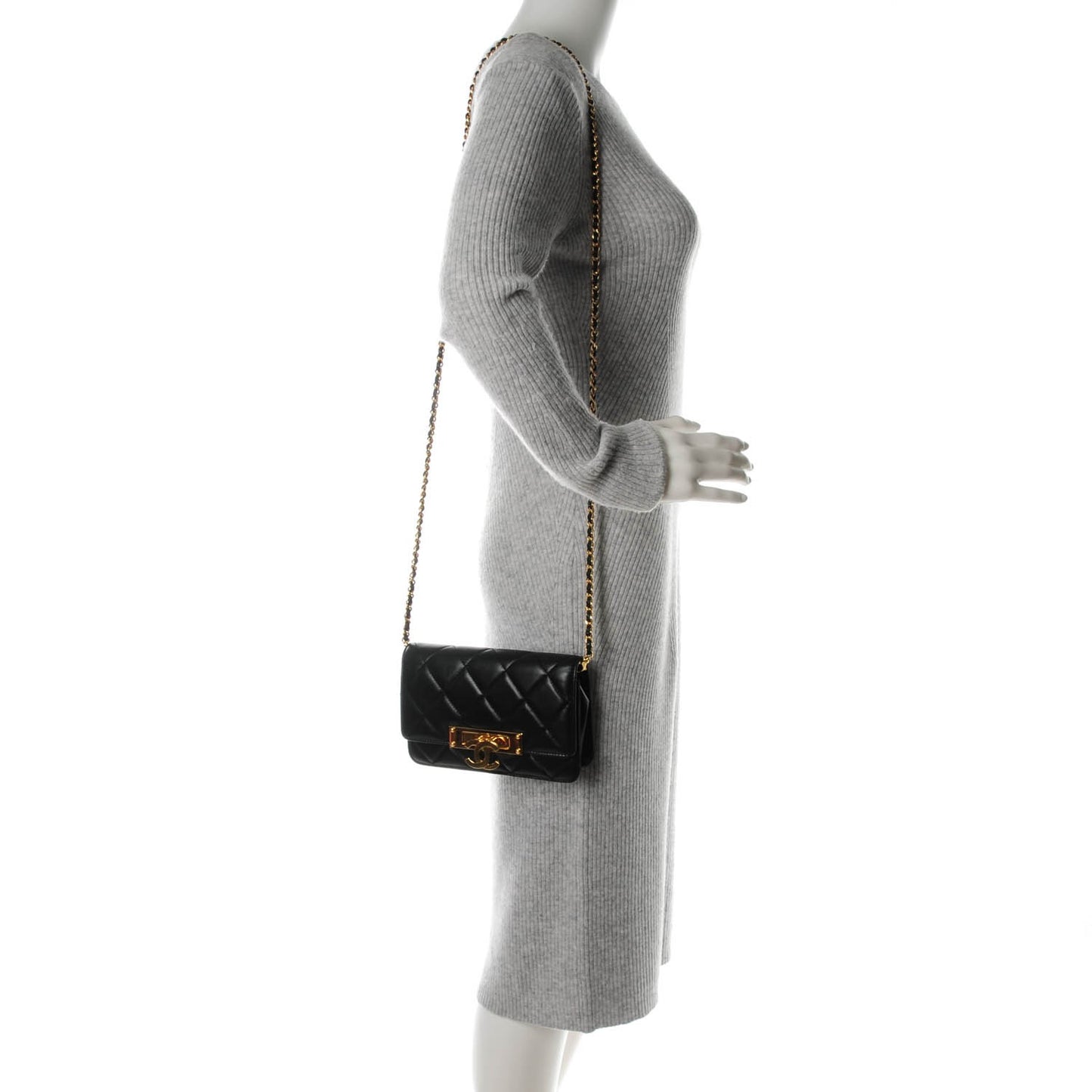 Lambskin Quilted Golden Class Wallet on Chain WOC Black
