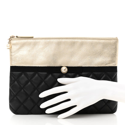 Chanel Metallic Goatskin Lambskin Grosgrain Pearl CC Medium Cosmetic Case Black Gold 2 of 8