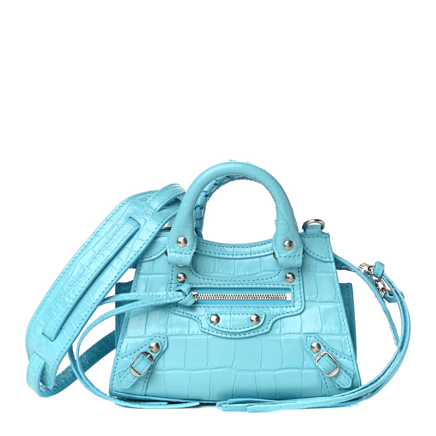 Balenciaga Calfskin Crocodile Embossed Neo Classic Silver Hardware Nano City Crossbody Azur 1 of 9