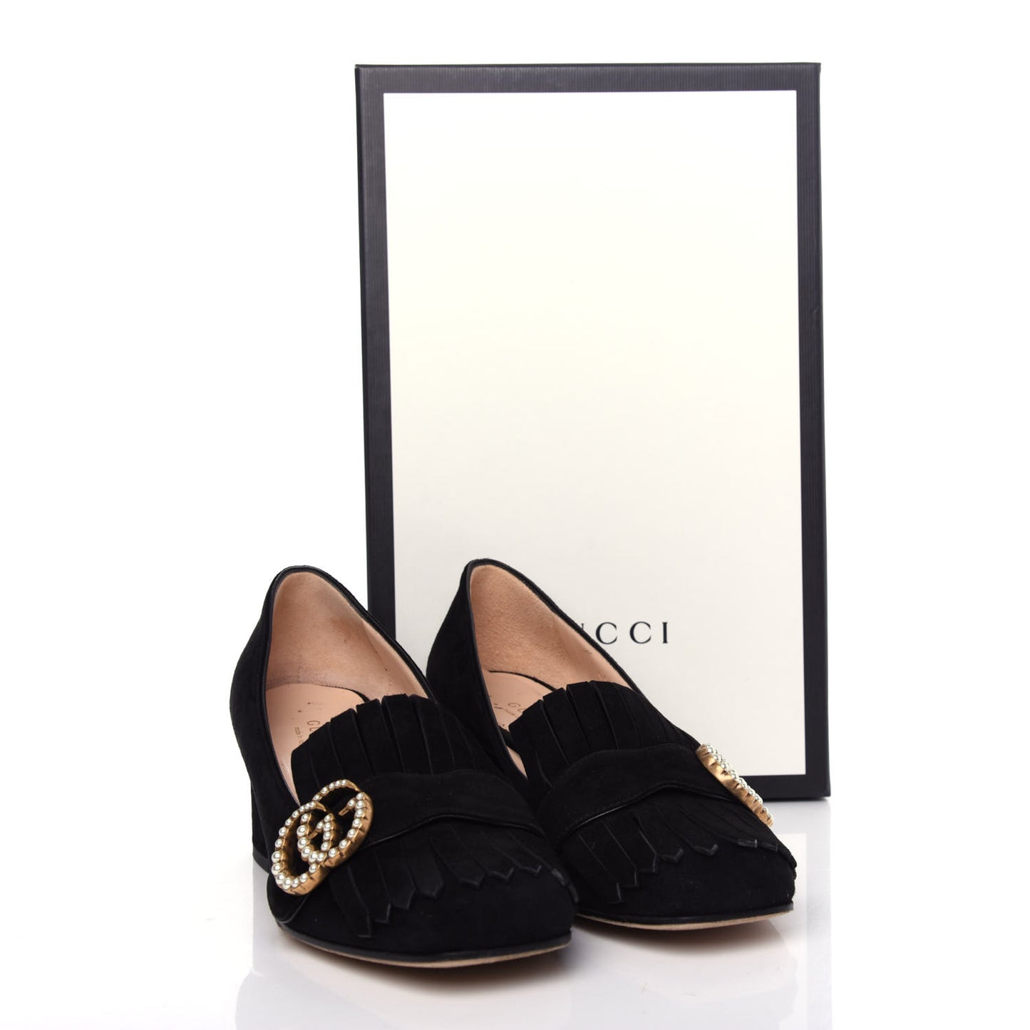 Kid Scamosciato Pearly GG Marmont Fringe 50mm Loafer Pumps 36 Black