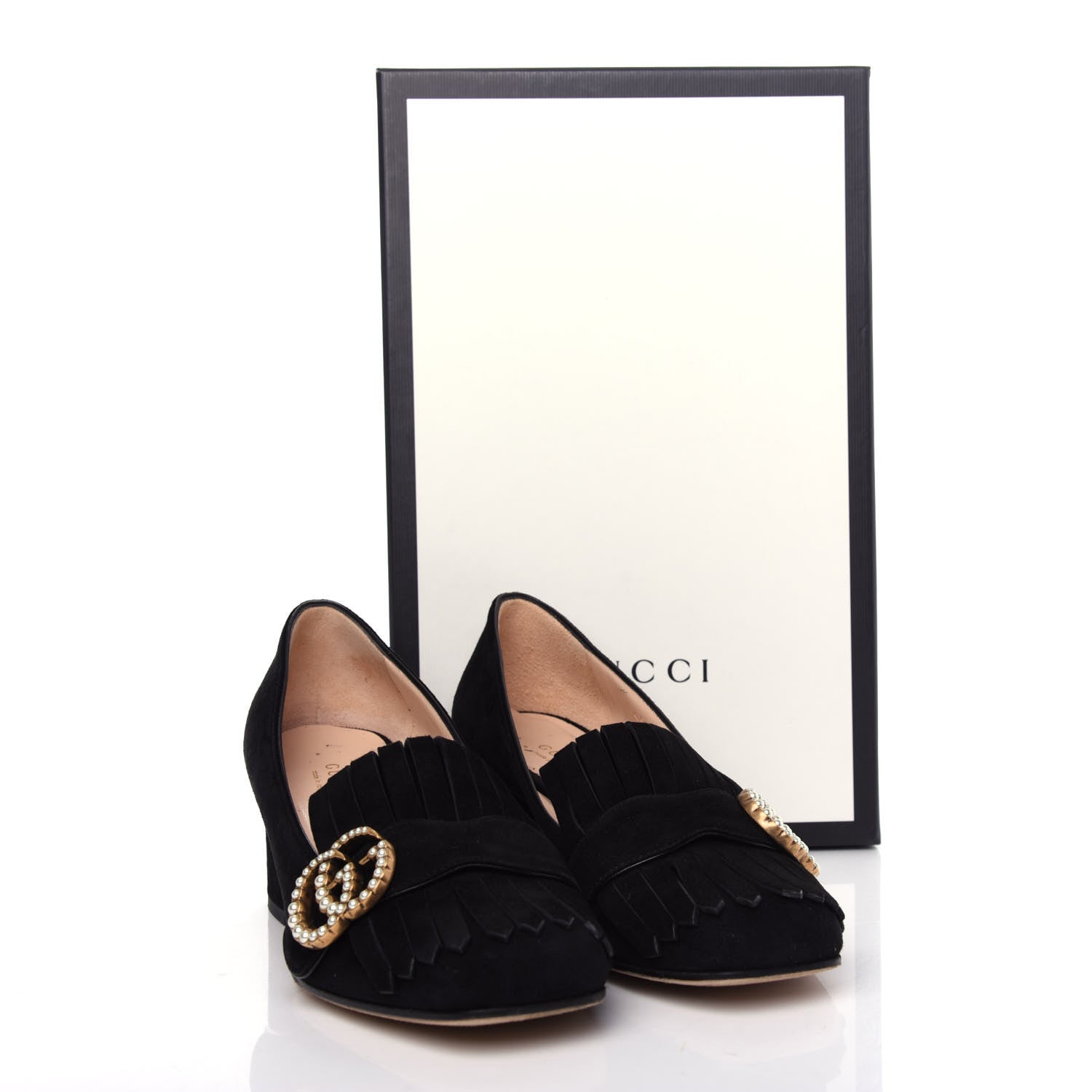 Gucci Kid Scamosciato Pearly GG Marmont Fringe 50mm Loafer Pumps 36 Black 12 of 12