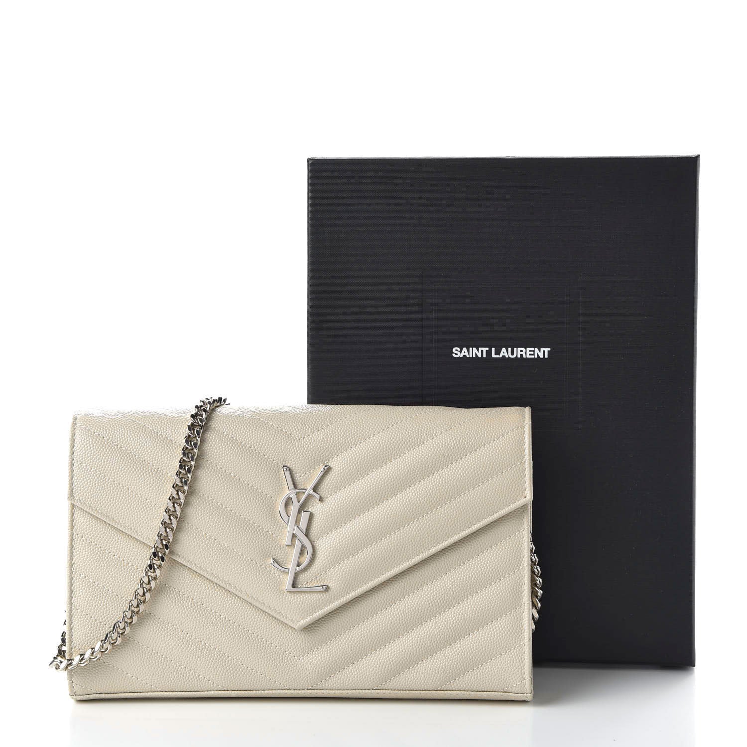 Saint Laurent Grain De Poudre Matelasse Chevron Monogram Chain Wallet Crema Soft 9 of 9