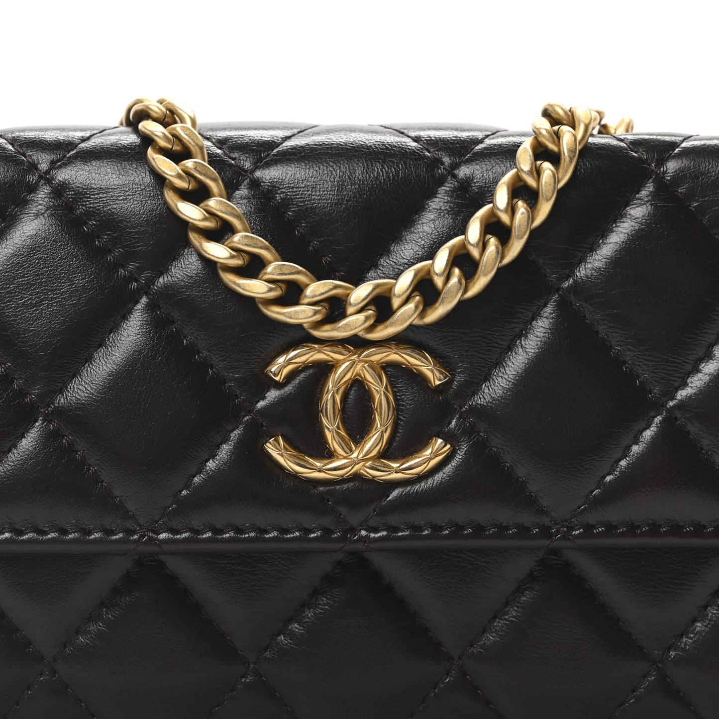 Lambskin Quilted Pillow Crush Flap Phone Holder With Chain Dark Brown