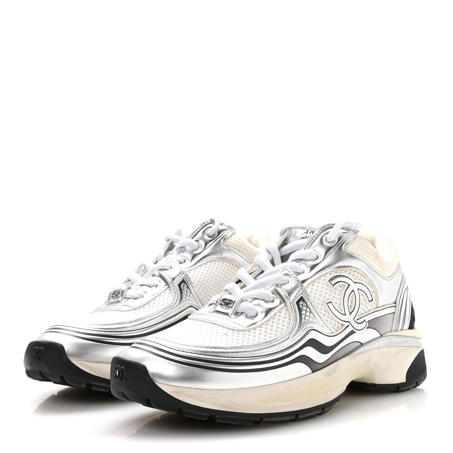 Chanel Fabric Laminated Calfskin Stretch CC Womens Sneakers 37.5 White Silver 4 of 8