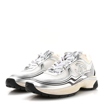 Chanel Fabric Laminated Calfskin Stretch CC Womens Sneakers 37.5 White Silver 4 of 8