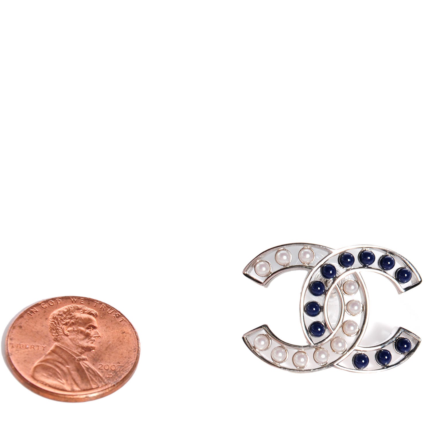 Chanel Pearl CC Earrings Silver White Blue 2 of 5