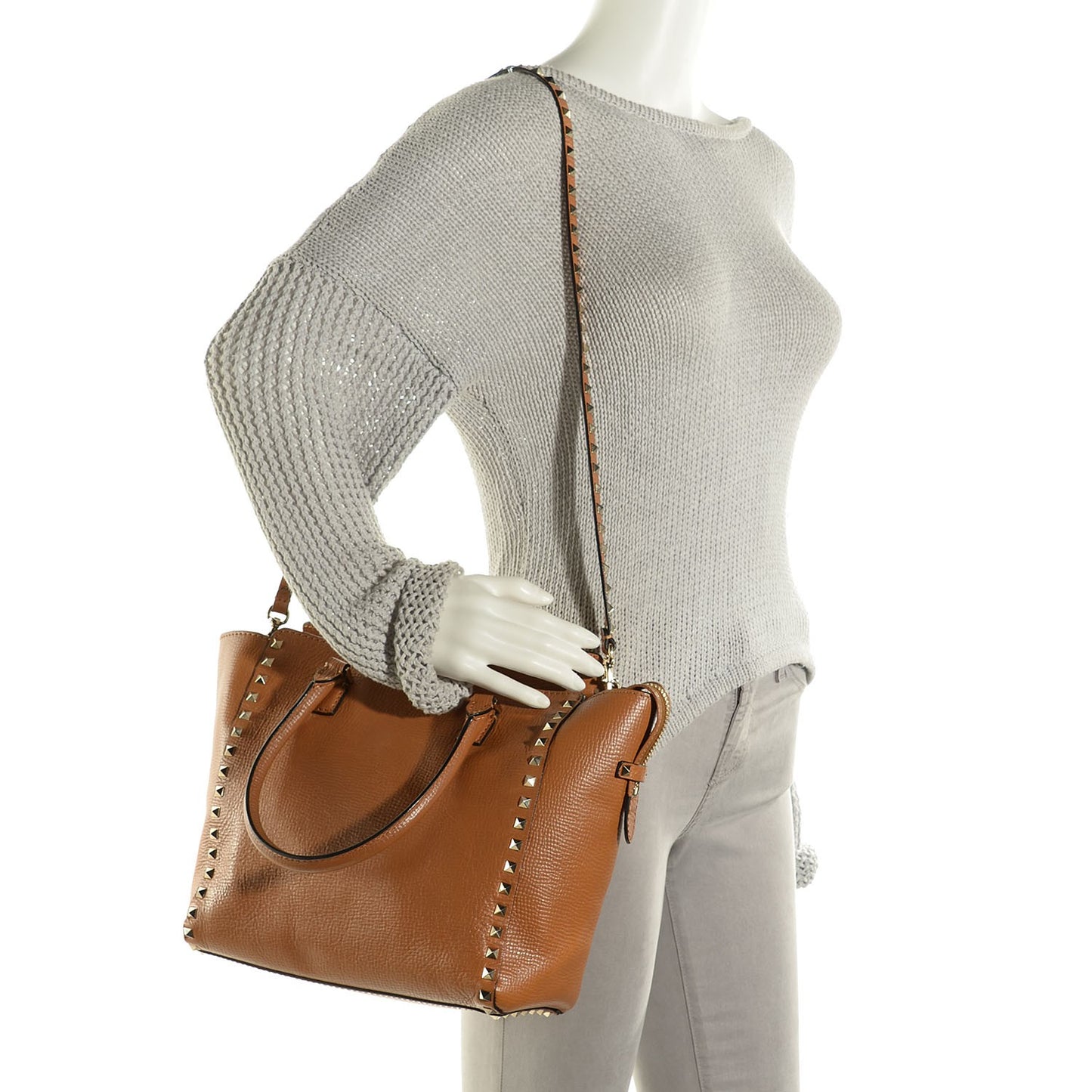 Textured Calfskin Rockstud Double Handle Tote Tan