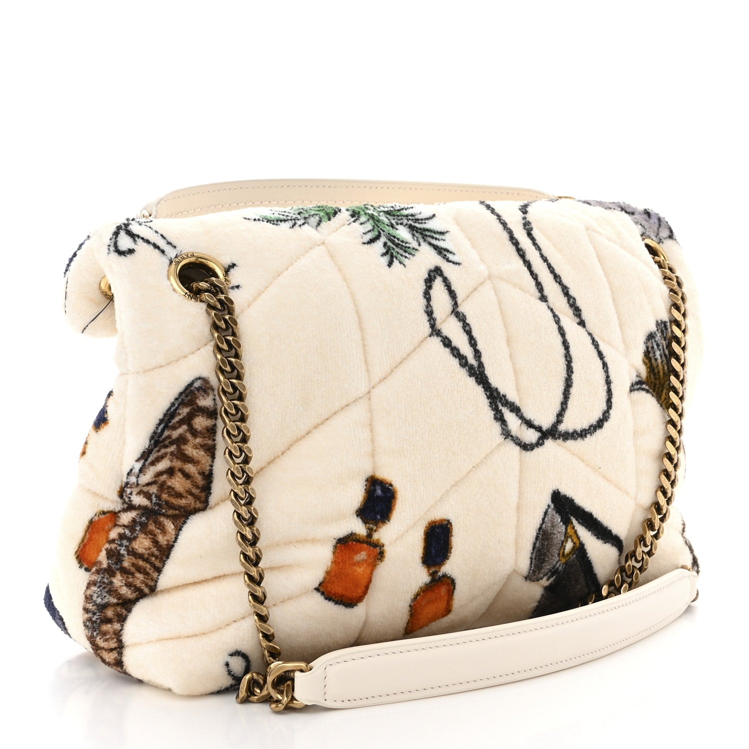 Saint Laurent Terrycloth Summer Print Quilted Small Loulou Puffer Monogram Chain Satchel Multicolor White 3 of 10