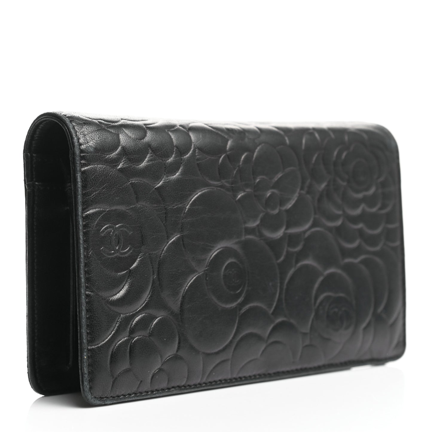 Lambskin Camellia Embossed Yen Wallet Black